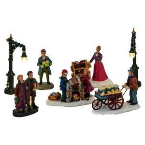 Décorations de village de Noël 5 figurines + 2 lampadaires à LED