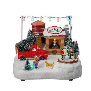 Scène de Noël animée & lumineuse Marchand de Sapins - Déco de village - L 20.5 x H 17 x l 14 cm - Multicolore
