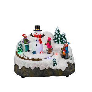 Scène de Noël animée & lumineuse Construction du Bonhomme de Neige - Déco de village - L 17 x H 12 x l 12.5 cm - Multicolore