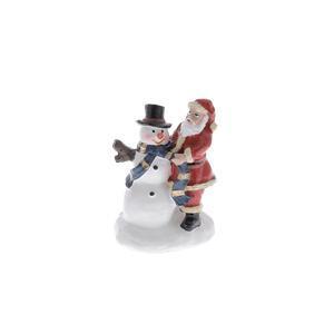 Père Noël faisant un bonhomme de neige - Déco de village - L 4.5 x H 6 x l 3.5 cm - Multicolore