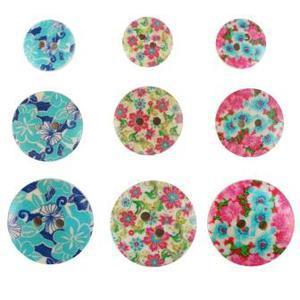 Lot de 9 boutons impression fleurs - Bois - 1,5-2-2,5 cm - Multicolore