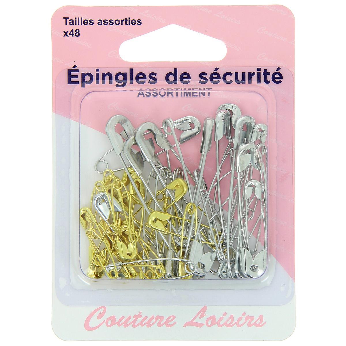 48 épingles de sécurité - Acier - Tailles assorties - Gris Jaune