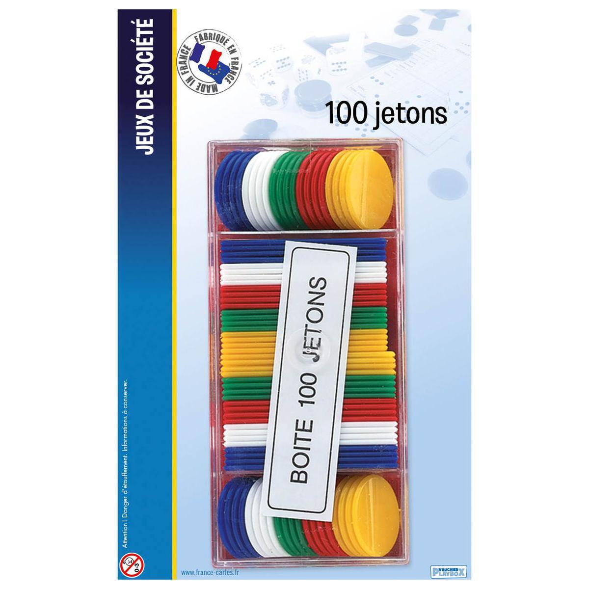 Boite de 100 jetons - Plastique - 19 x 12 x 2 cm - Multicolore