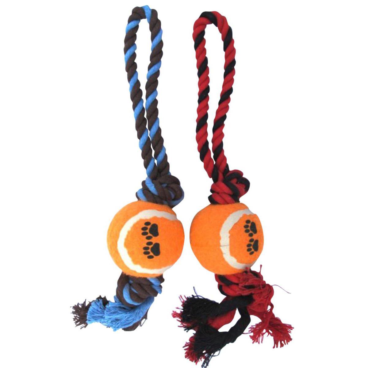 Jouet corde + balle - Coton - 30 x 6 x H 6 cm - Noir, rouge, bleu ou marron