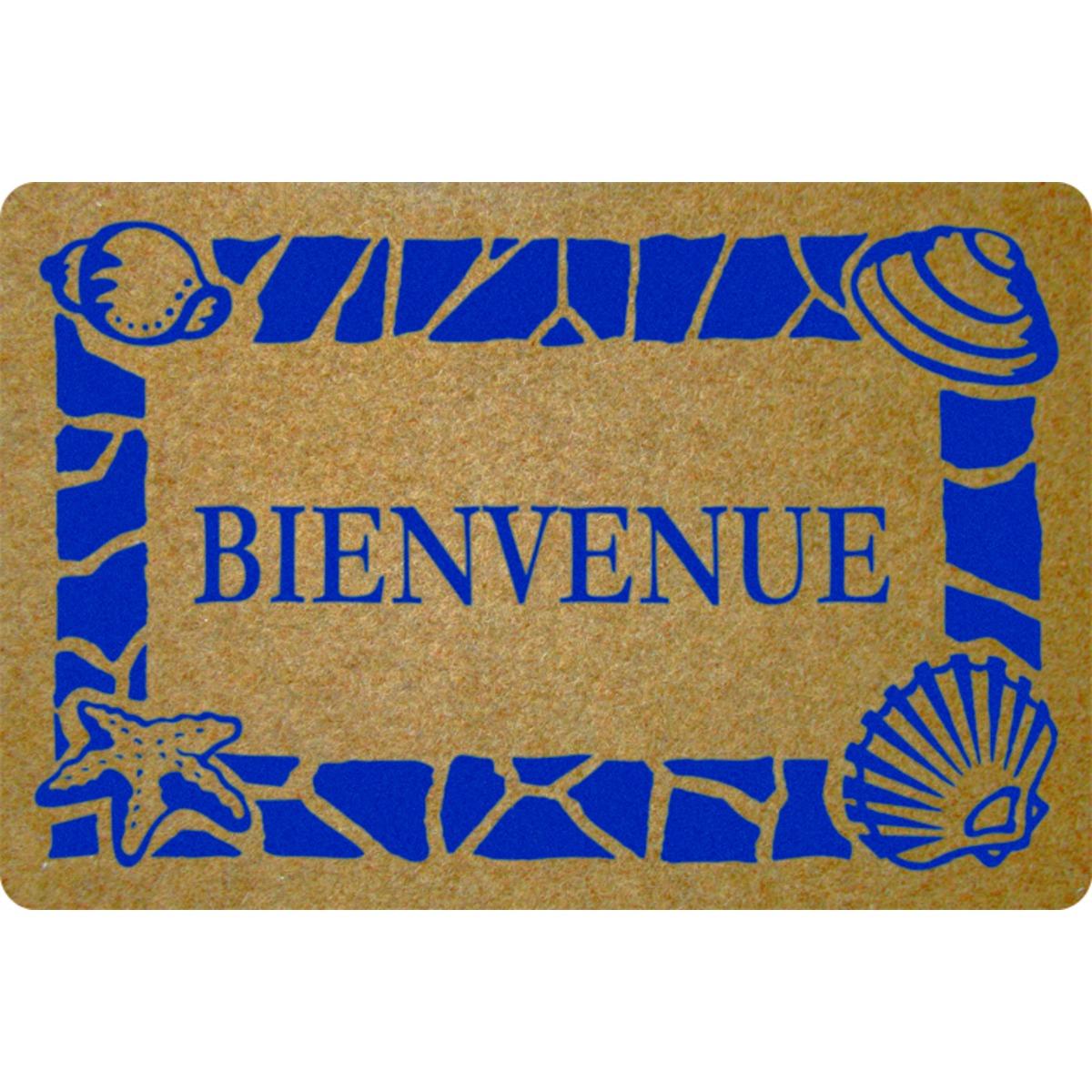 Tapis d'entrée fin - Paillasson Bienvenue - 60 x 40 cm - Motifs coquillages - Bleu