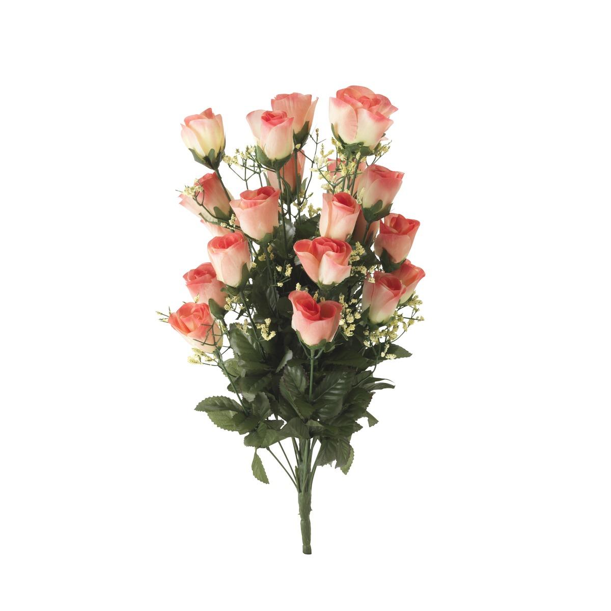 Bouquet piquet de 24 roses et gypsophiles artificiels - Hauteur 60 cm - Rose foncé