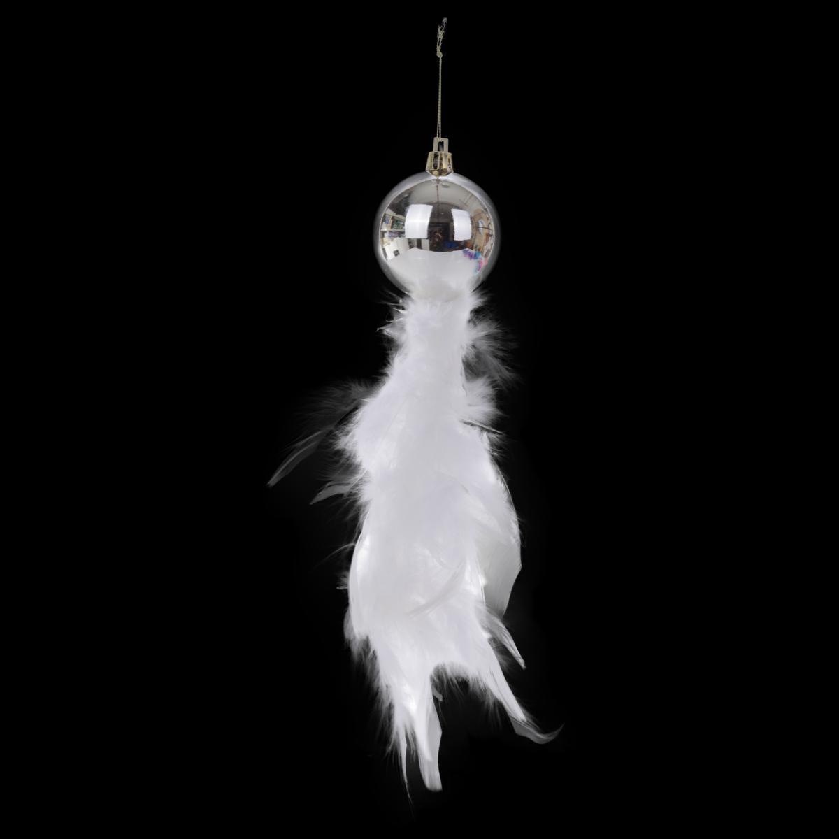 Suspension boule avec plume - Plastique et plume - Ø 5 x H 5 cm - Blanc