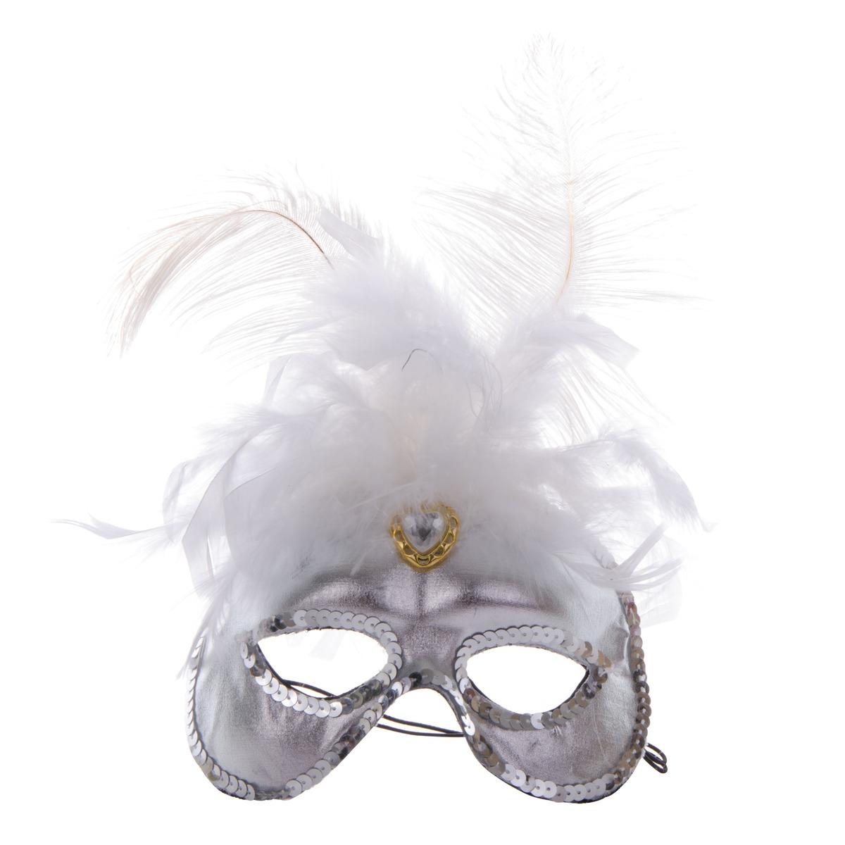 Masque diamant avec houppette en plumes - 20 x 30 cm - Blanc