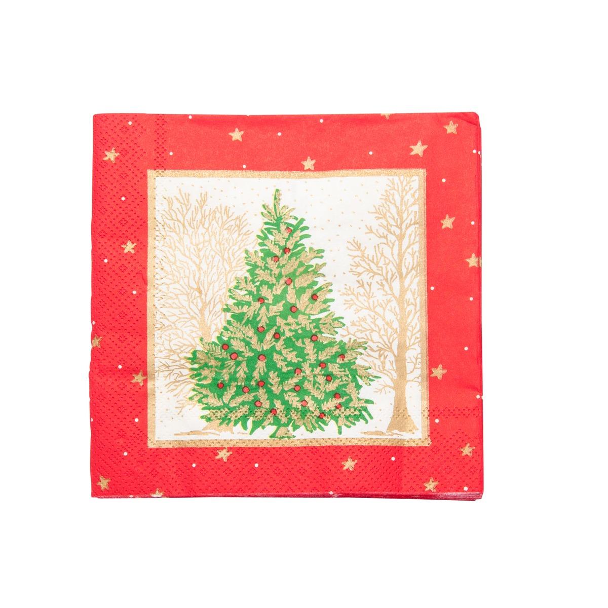 Lot de 20 serviettes en papier motif sapin de Noël - 33 x 33 cm - Jaune or, Rouge