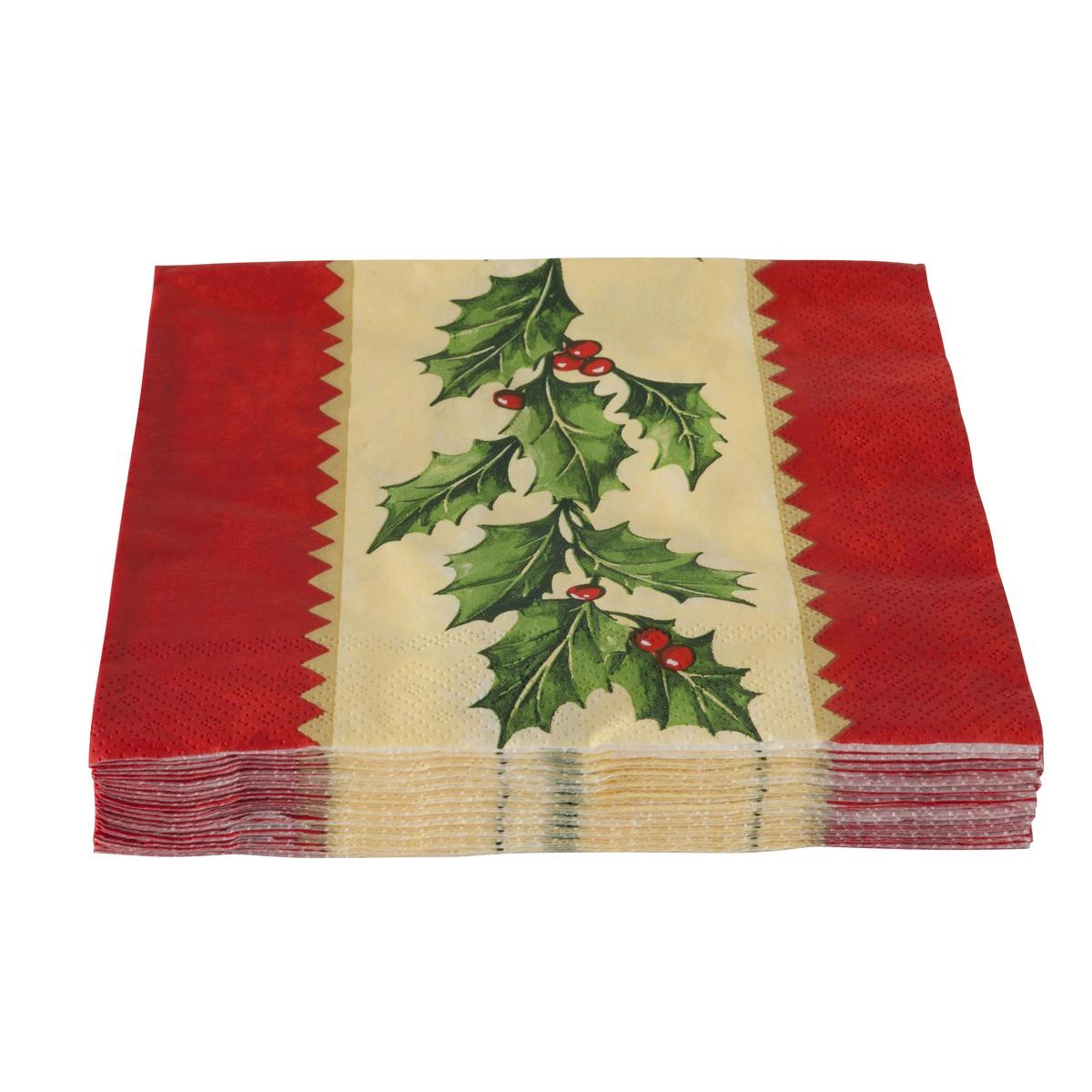Lot de 20 serviettes en papier motif houx - 33 x 33 cm - Vert, Jaune or, Rouge