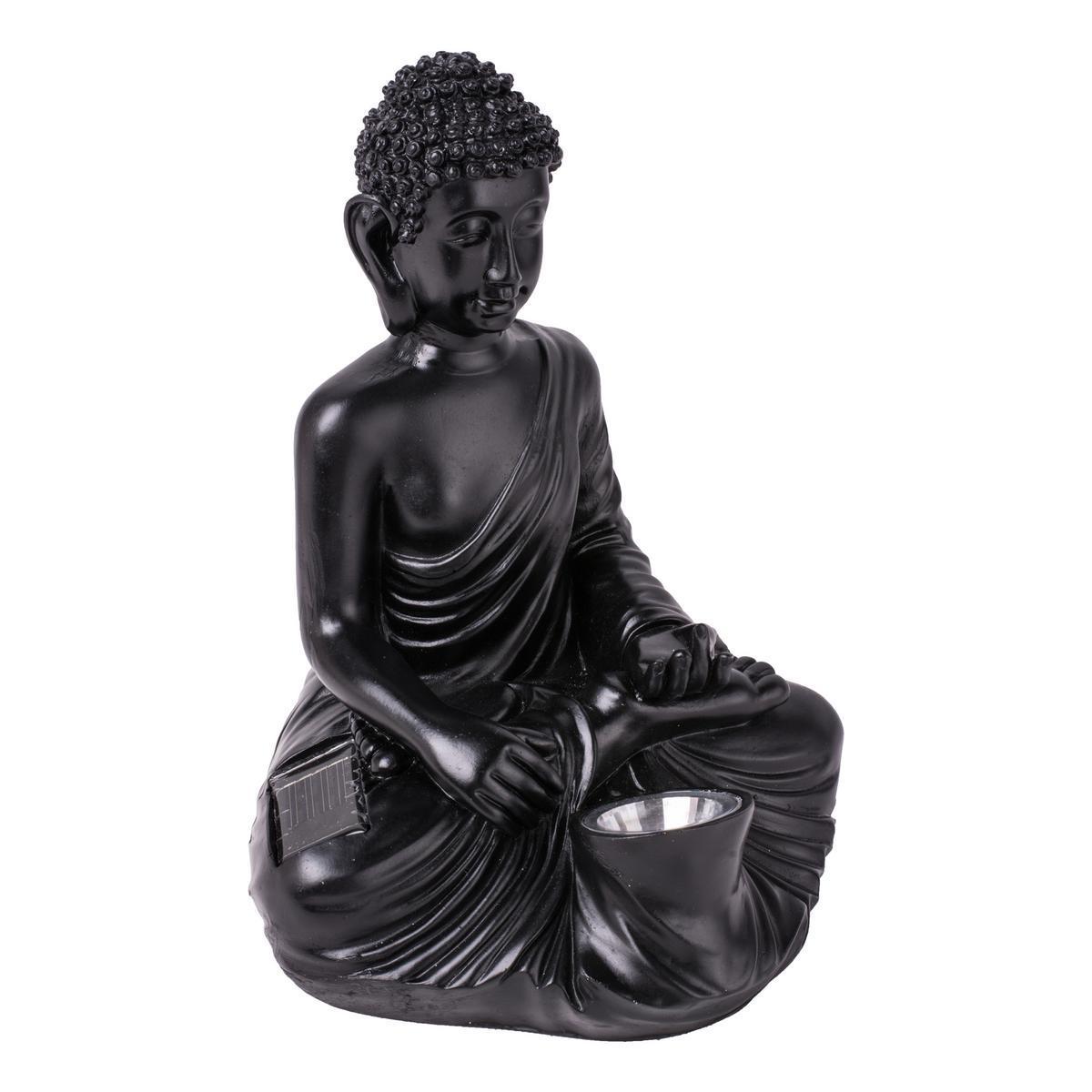 Bouddha solaire à LED - Polyrésine et polypropylène - Ø 22,5 x 22,5 x H 28,5 cm - Gris