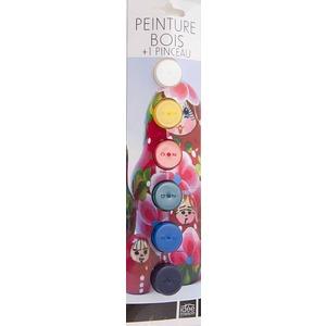 Peinture bois + pinceau - 6 x 6 ml - Multicolore