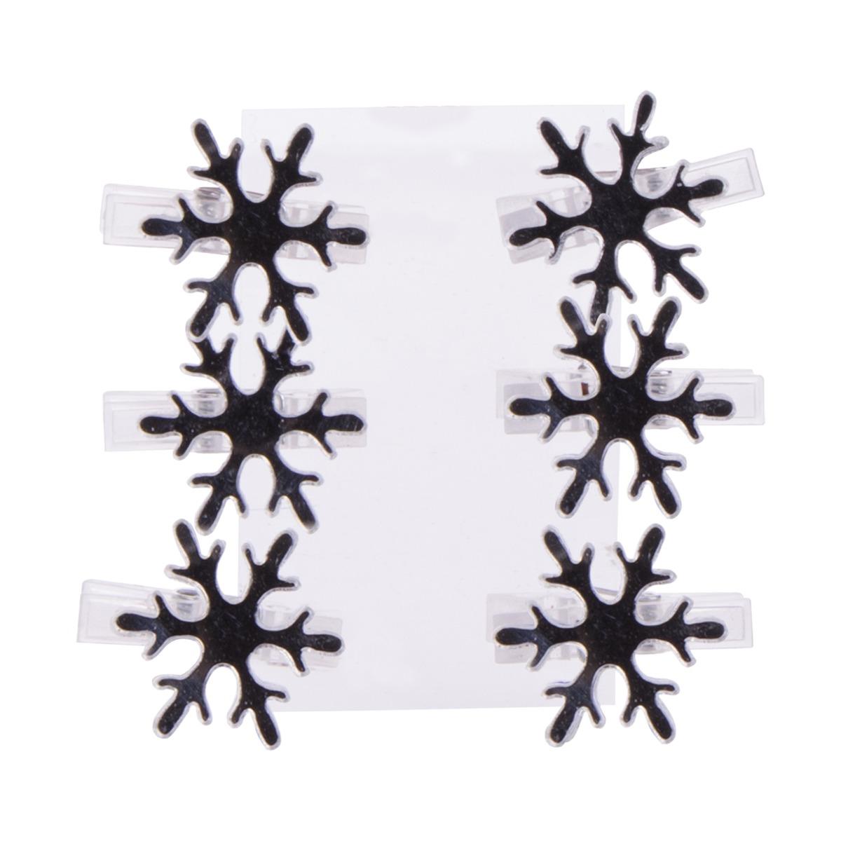 Lot de 6 pincettes déco Noël flocons effet miroir - 3,5 x 3 cm - Noir, blanc