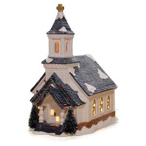 Église lumineuse en porcelaine neige pailletée - 21,5 x 17,8 x 29 cm - Blanc et noir