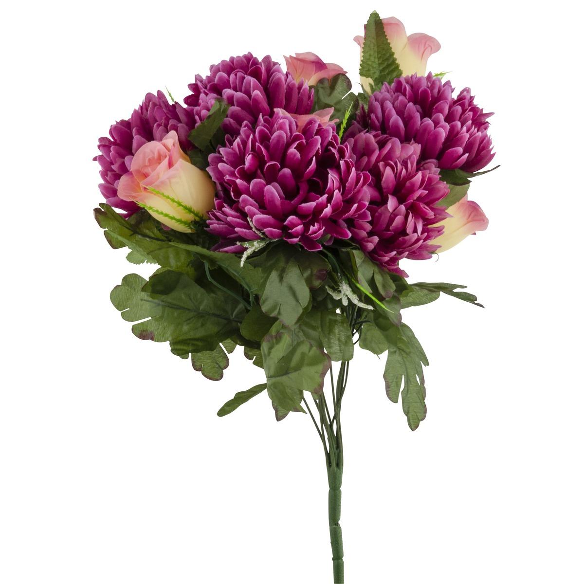 Piquet de 25 roses et chrysanthèmes - Fuchsia - Hauteur : 45 cm