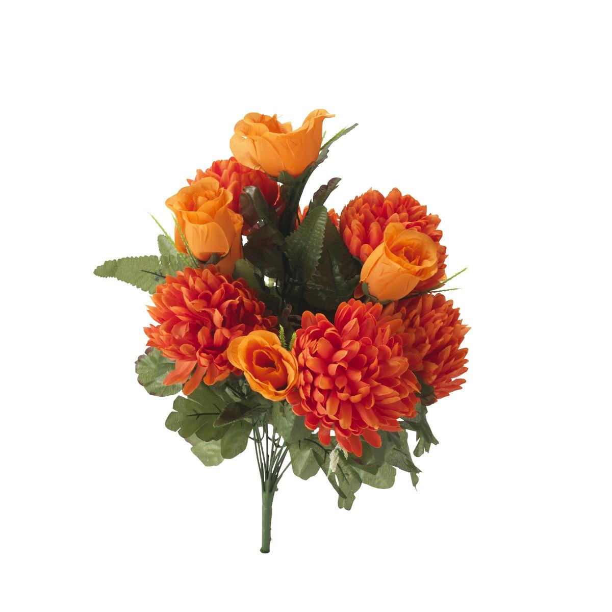 Piquet de 25 roses et chrysanthèmes - Feu - Hauteur : 45 cm