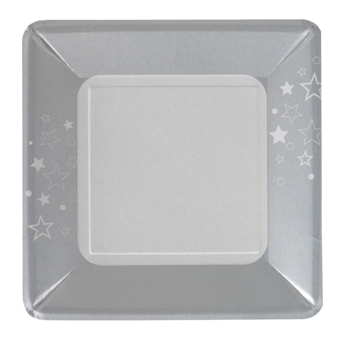 Lot de 8 assiettes carrées en carton - 24 x 24 cm - Blanc, Gris argenté