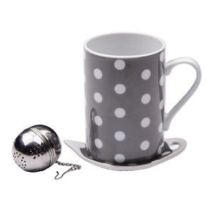 Ensemble mug à pois original avec soucoupe et boule à thé - Hauteur 10 cm - Gris