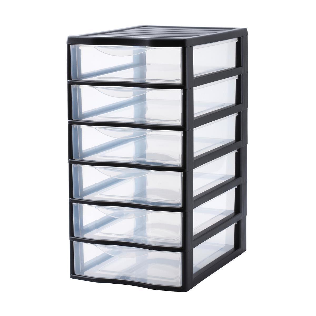 Tour de rangement 6 tiroirs - L 36 x H 50 x l 26 cm - Noir, transparent