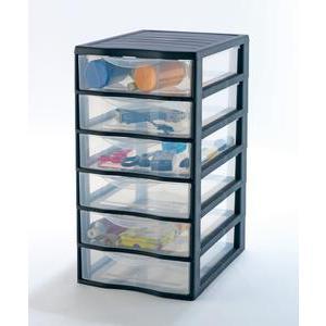 Tour de rangement 6 tiroirs - L 36 x H 50 x l 26 cm - Noir, transparent