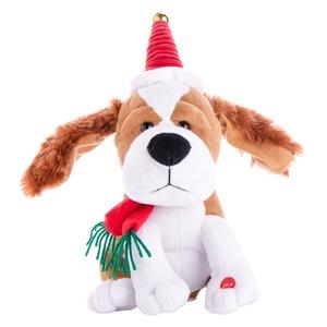 Peluche automate chien - 17 x 15 x 30 cm - Marron, blanc et rouge