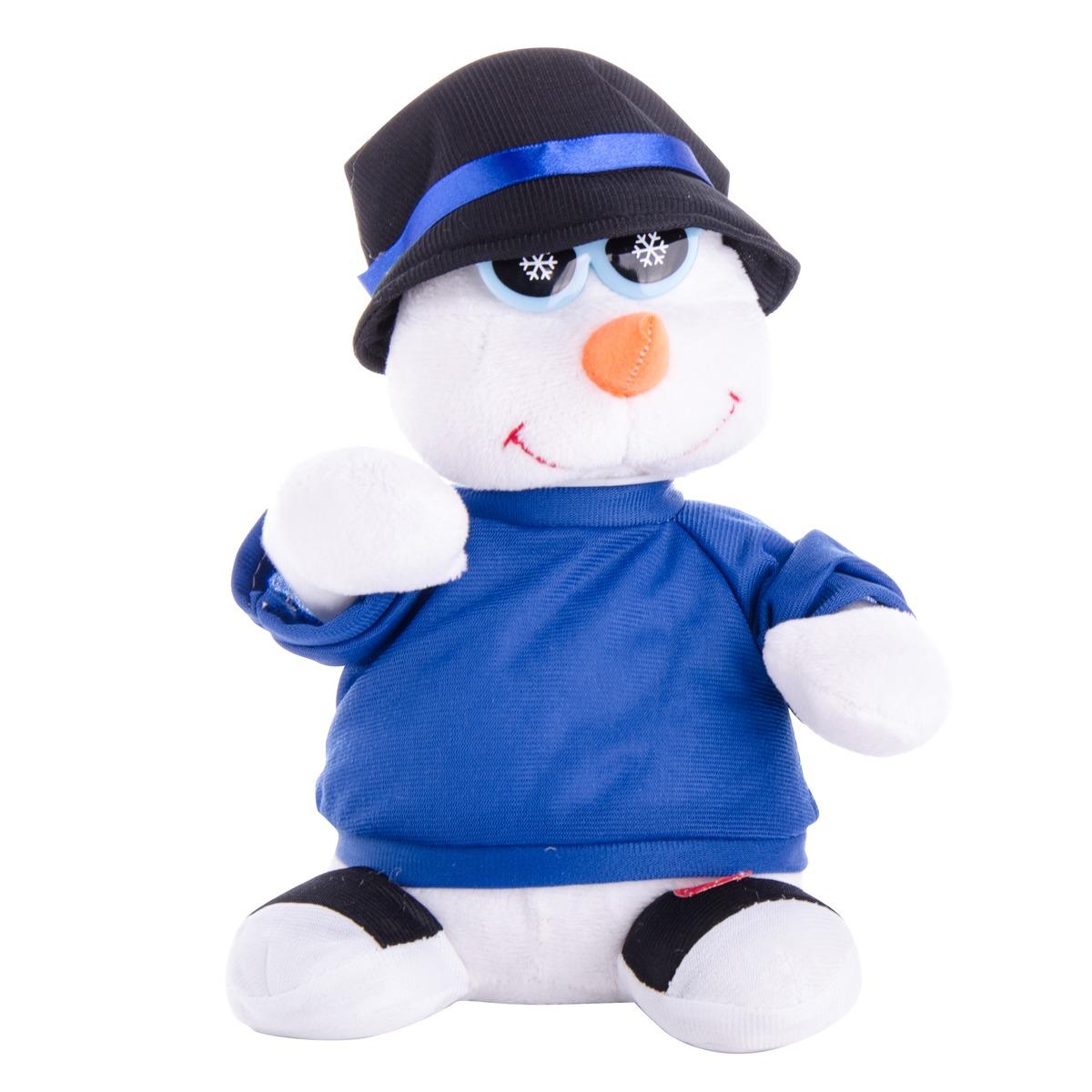 Peluche automate bonhomme de neige - 10 x 12 x 28 cm - Blanc et bleu