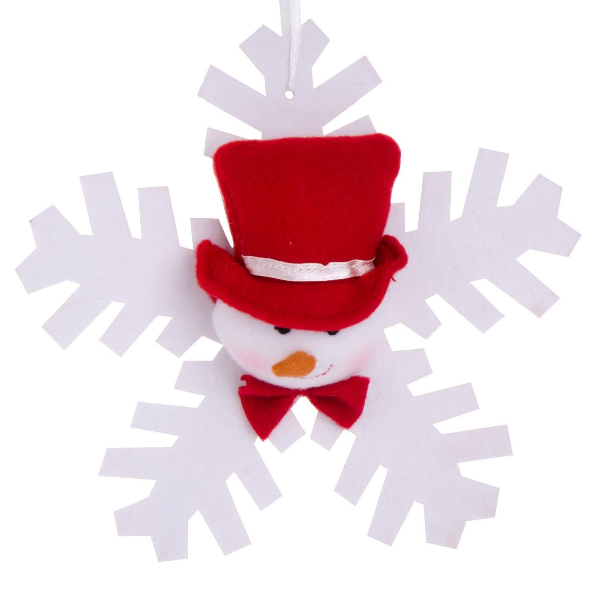 Suspension flocon tête bonhomme de neige - 20 x 20 x 5 cm - Rouge, blanc