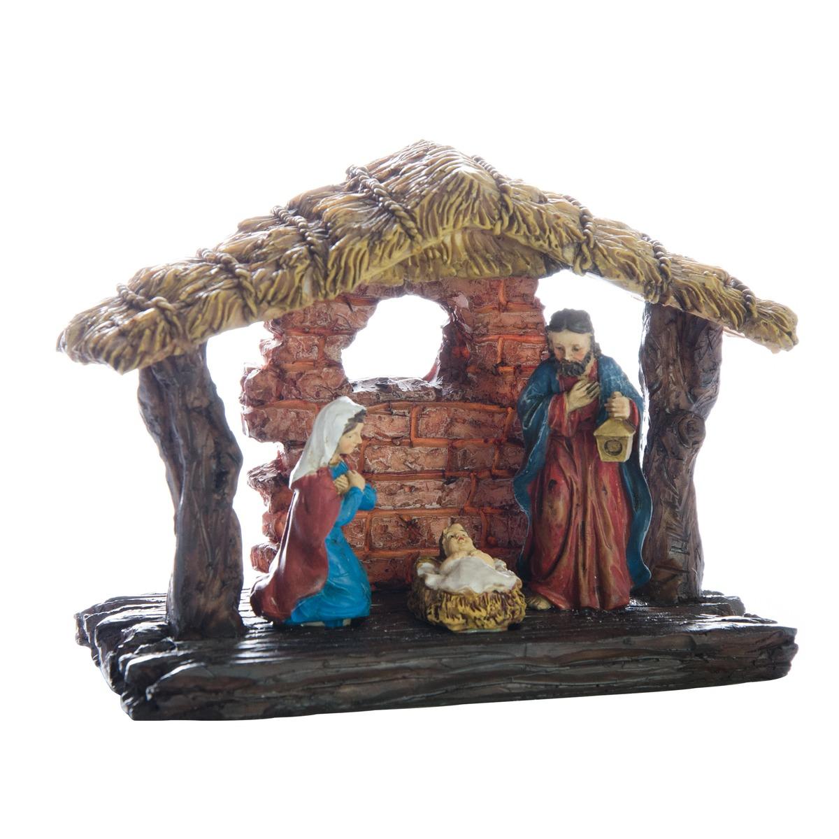 Crèche avec Jésus, Marie et Joseph en résine - 17,5 x 8,5 x 12 cm - Multicolore