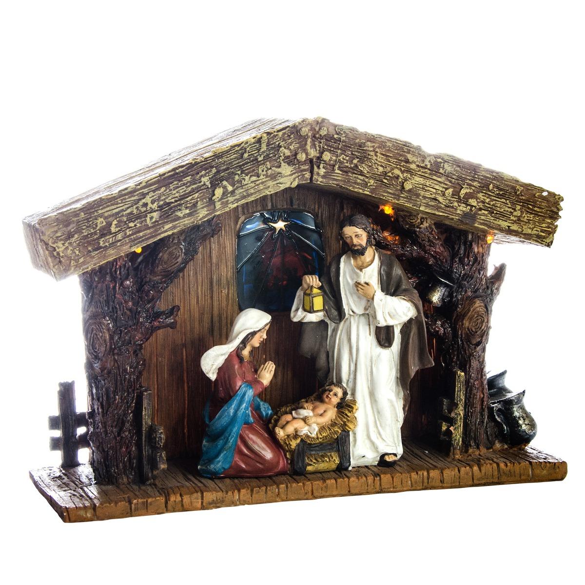 Crèche avec Jésus, Marie et Joseph en résine - 27,5 x 10 x 19,5 cm - Multicolore