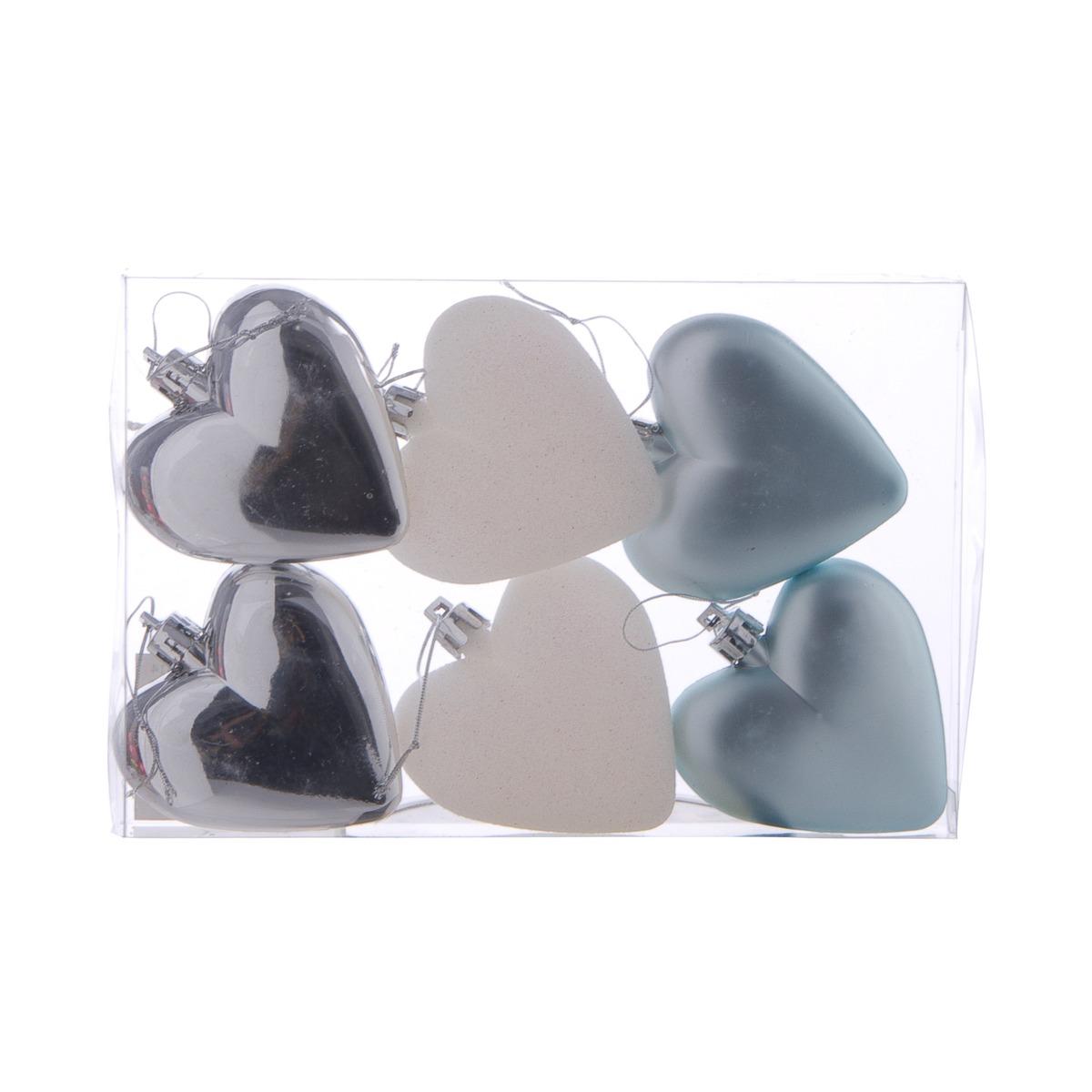 Boîte de 6 suspensions cœurs arctique - 7 cm - Bleu et gris argenté