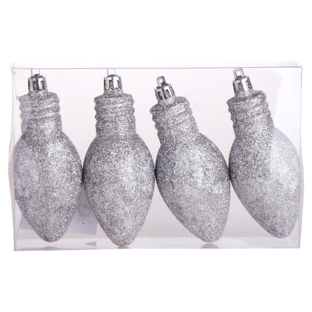 Lot de 4 ampoules à suspendre - 10,5 x 4,5 cm - gris Argent pailleté