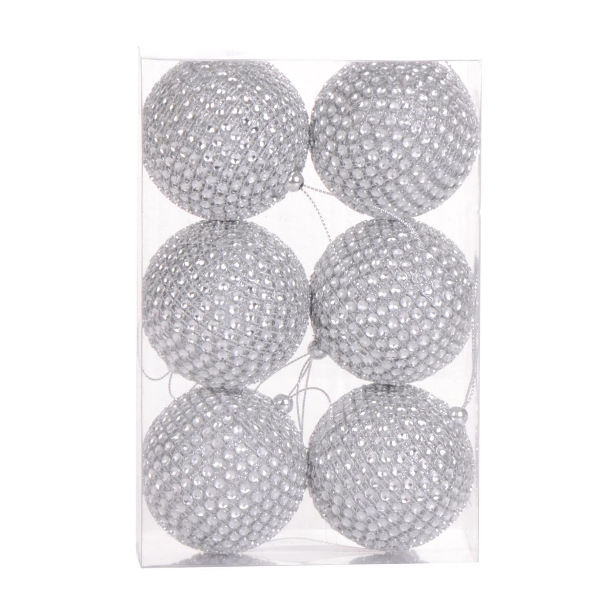 Lot de 6 boules diamant - Diamètre 6 cm - gris Argenté