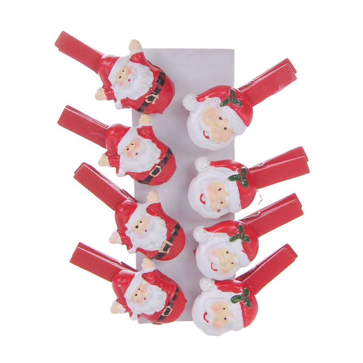 Lot de 8 pincettes avec personnage Noël - 4,5 x 2,7 cm - Rouge et blanc