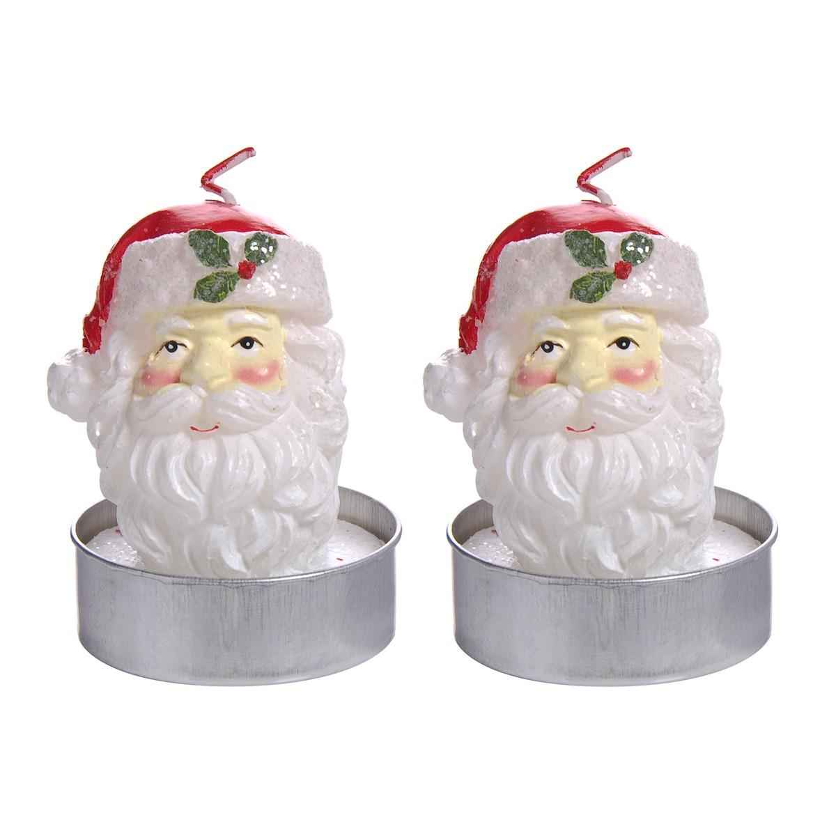 Lot de 2 bougies tête de Père Noël - 8,5 x 5,8 cm - Blanc et rouge