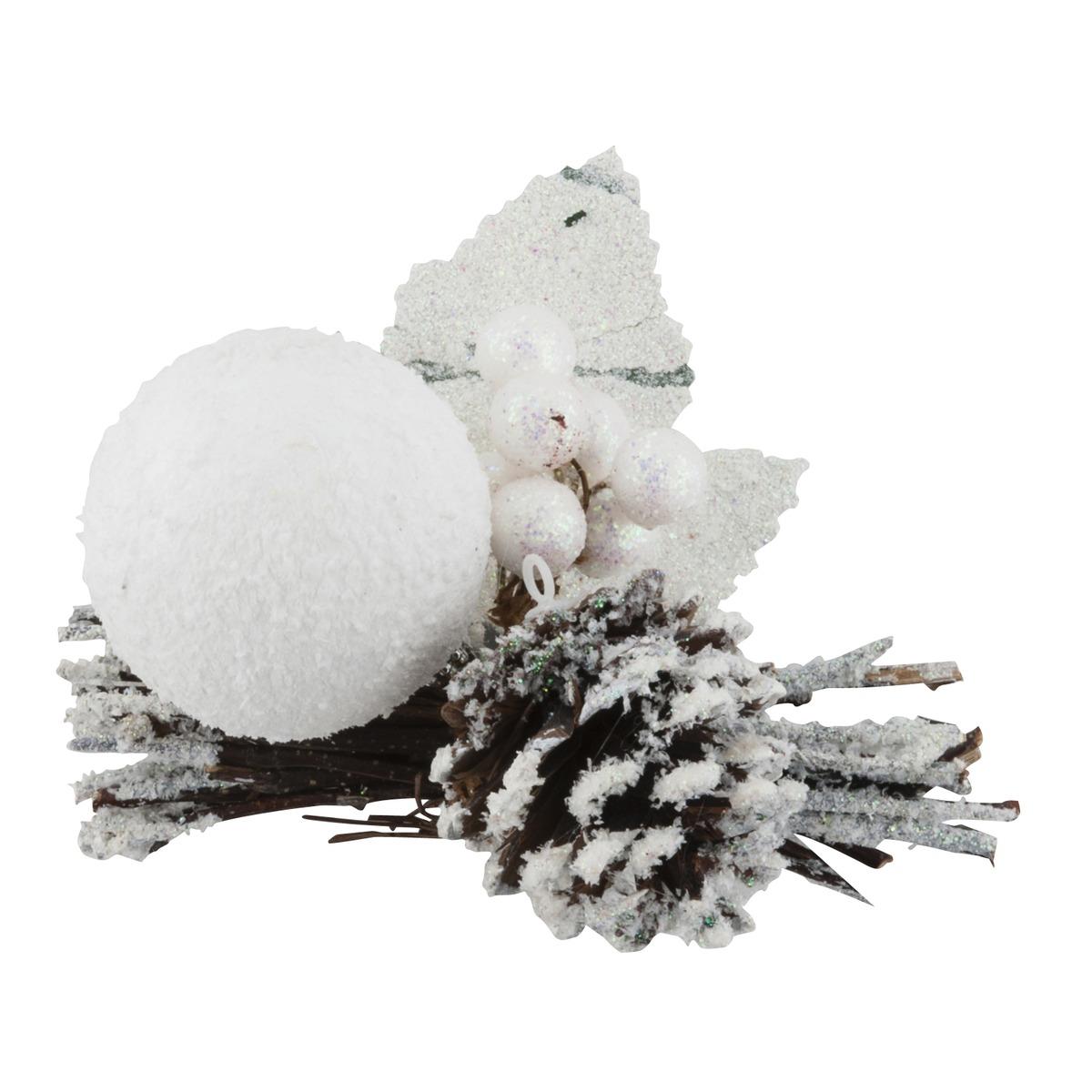 Boule brindille sapin et pomme de pin - Longueur 20 cm - Blanc