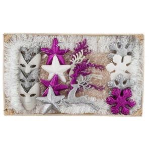 Cagette de 12 suspensions de Noël - 50 x 10 x 30 cm - Fuchsia, blanc et gris argenté