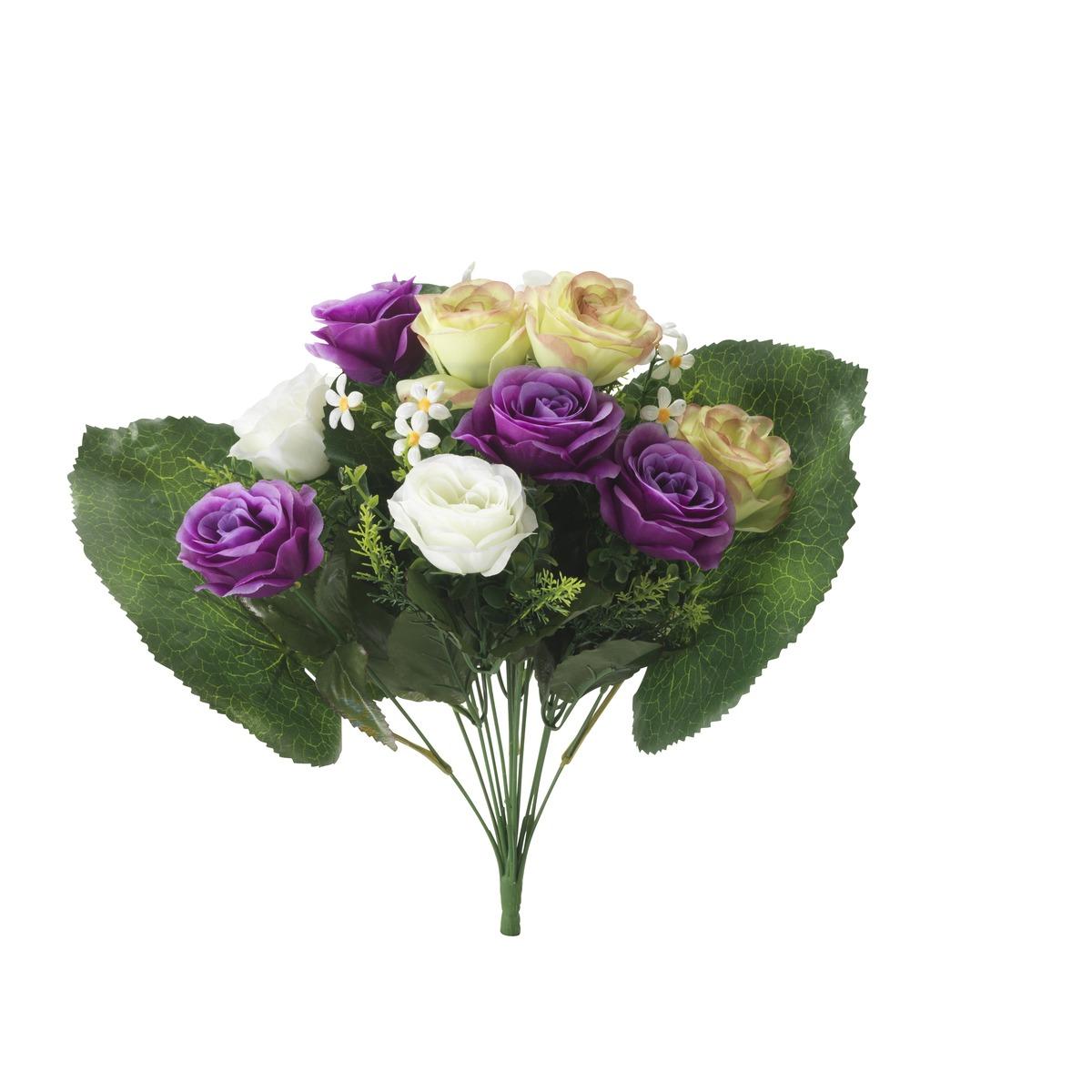 Bouquet piquet de 14 roses artificielles - Hauteur 40 cm - Blanc et vert