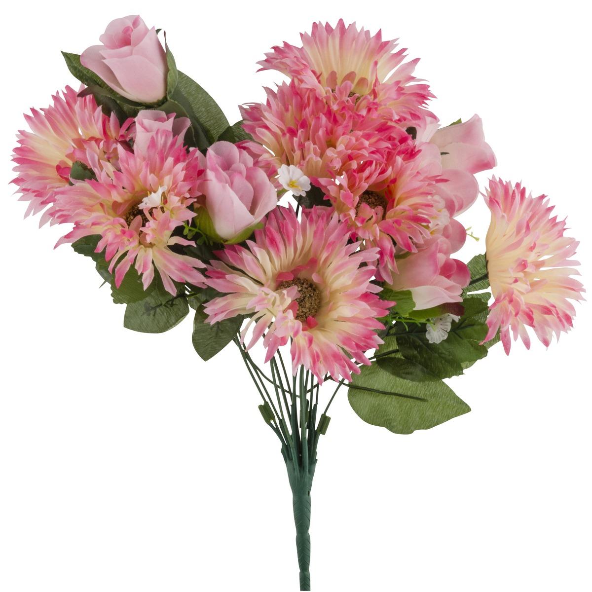 Bouquet de 14 roses et gerbera - Rose - Hauteur : 55 cm