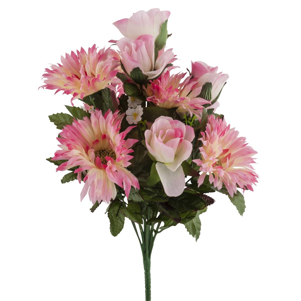 Piquet de 14 roses et gerbera - Rose - Hauteur : 40 cm