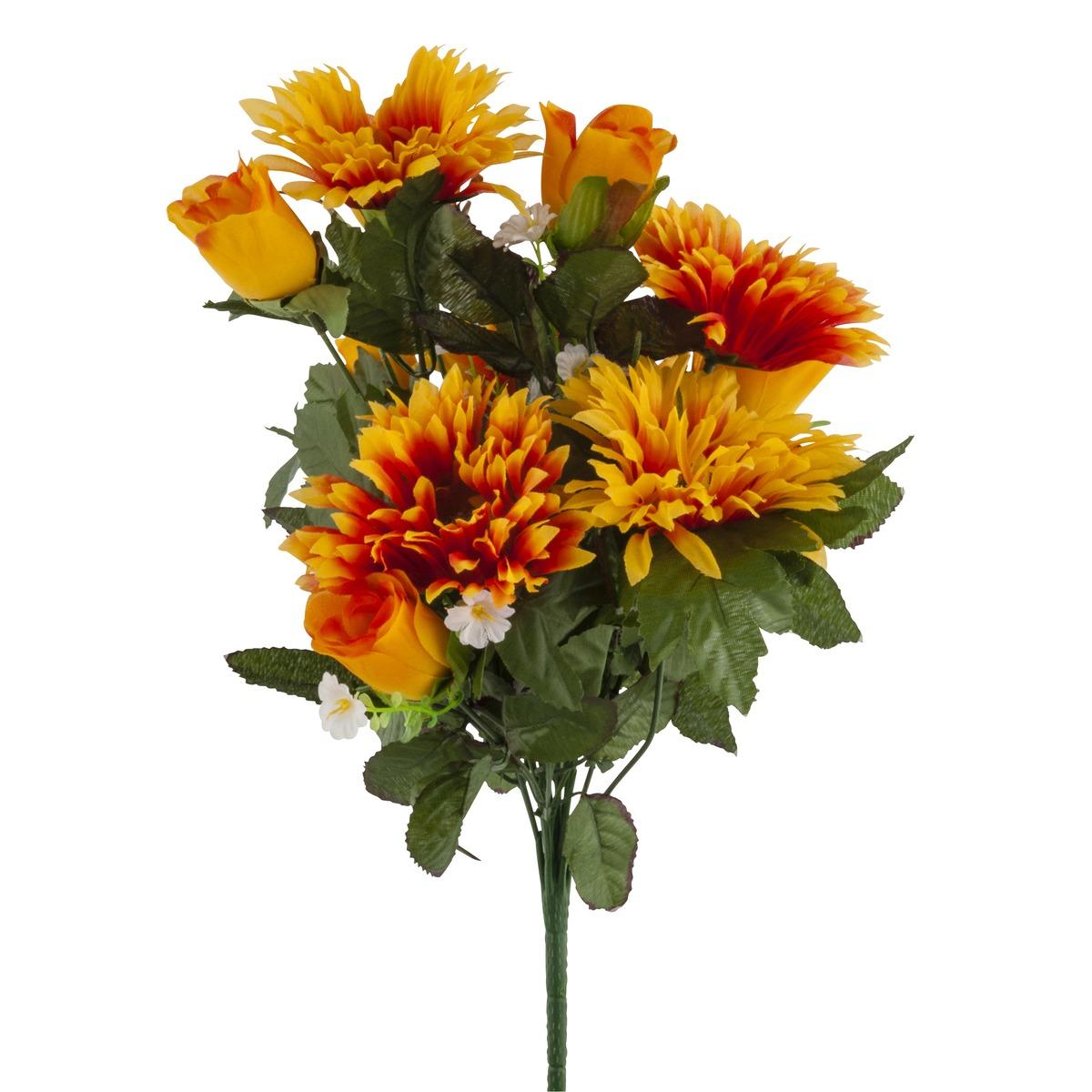 Piquet de 14 roses et gerbera - Feu - Hauteur : 40 cm