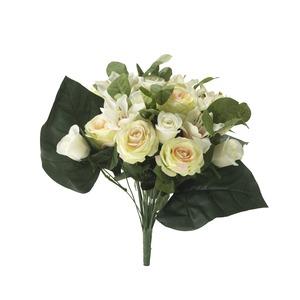 Bouquet piquet de 36 roses et lys artificiels - Hauteur 50 cm - Blanc crème