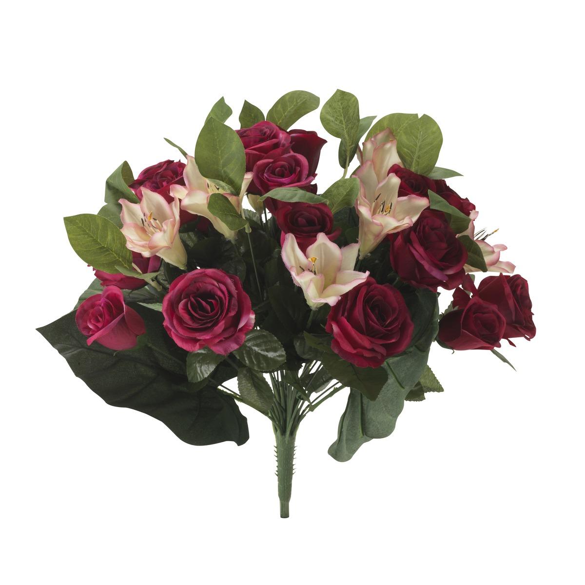 Bouquet piquet de 36 roses et lys artificiels - Hauteur 50 cm - Rose fuchsia