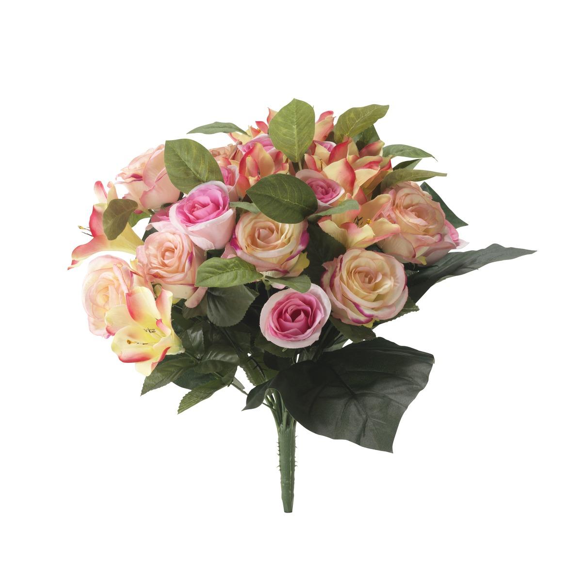 Bouquet piquet de 36 roses et lys artificiels - Hauteur 50 cm - Rose