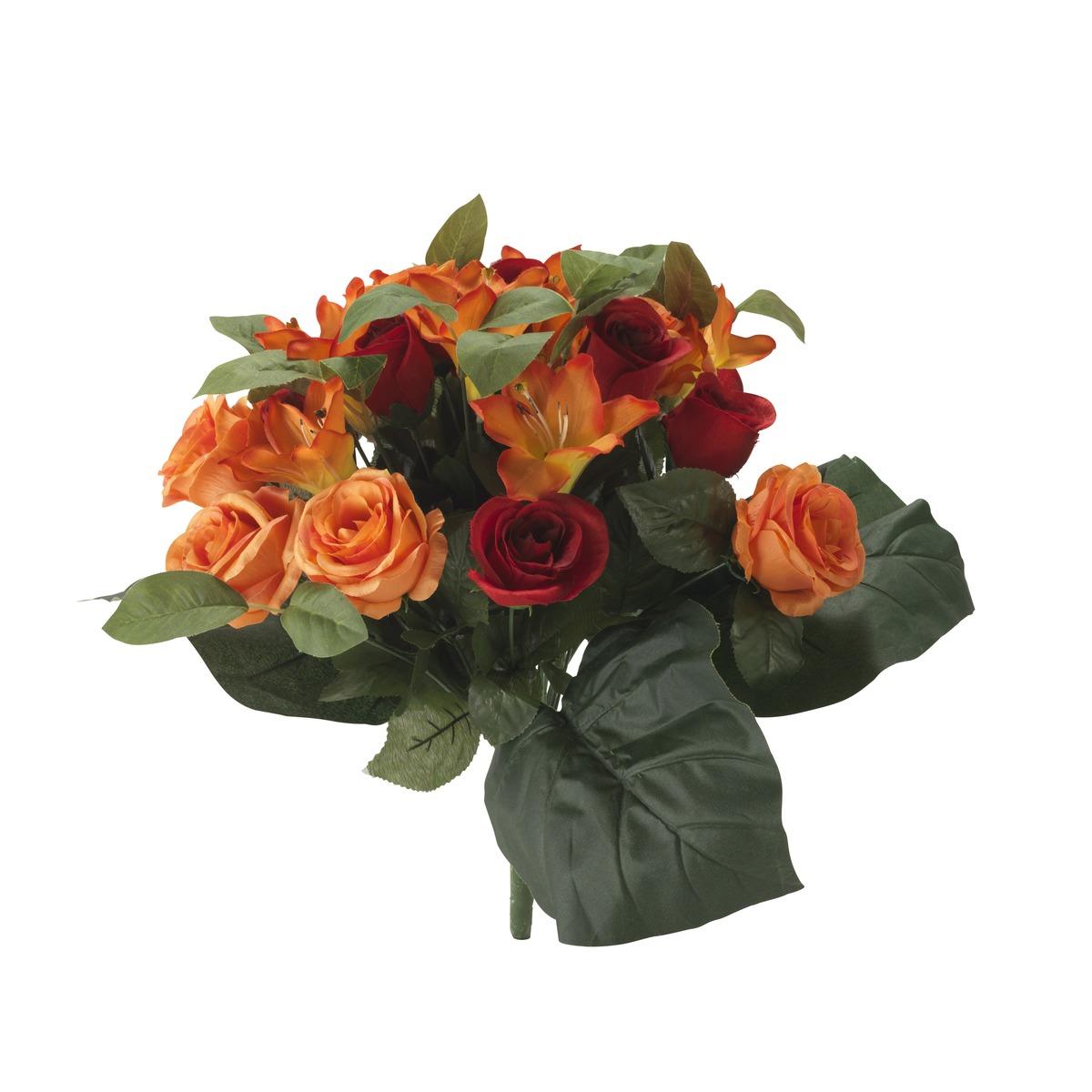 Bouquet piquet de 36 roses et lys artificiels - Hauteur 50 cm - Orange