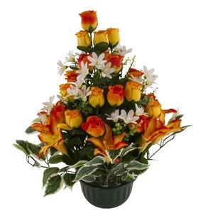 Coupe pyramide de lys et bouton de roses - 50 x 20 cm - Orange