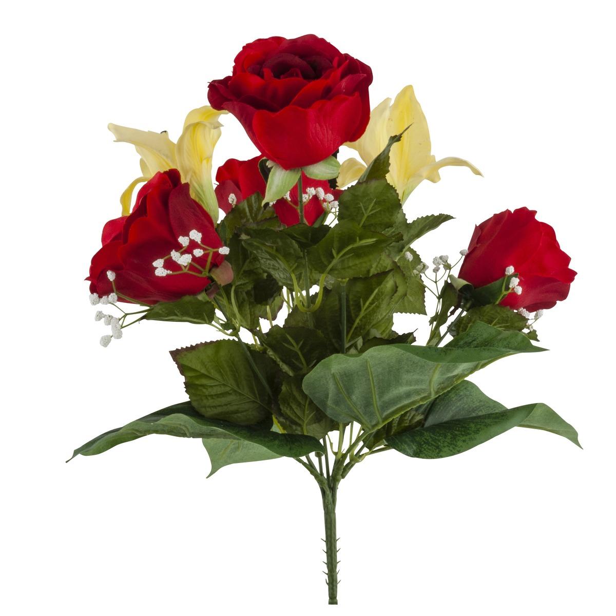 Bouquet de rose et lys artificiels - Hauteur 42 cm - Rouge