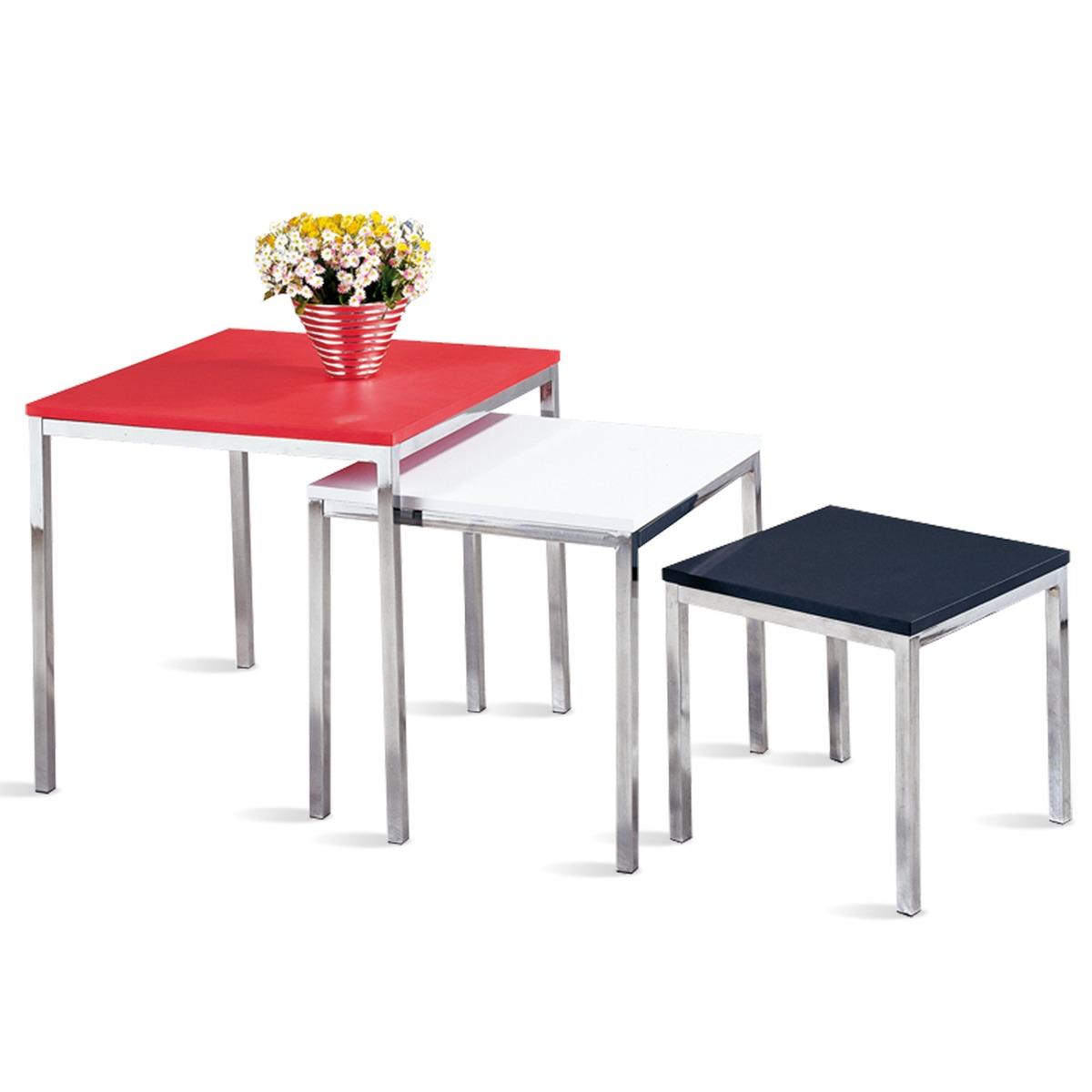 Ensemble 3 tables gigognes carrées - 50, 42, 34 cm - Rouge, blanc, noir