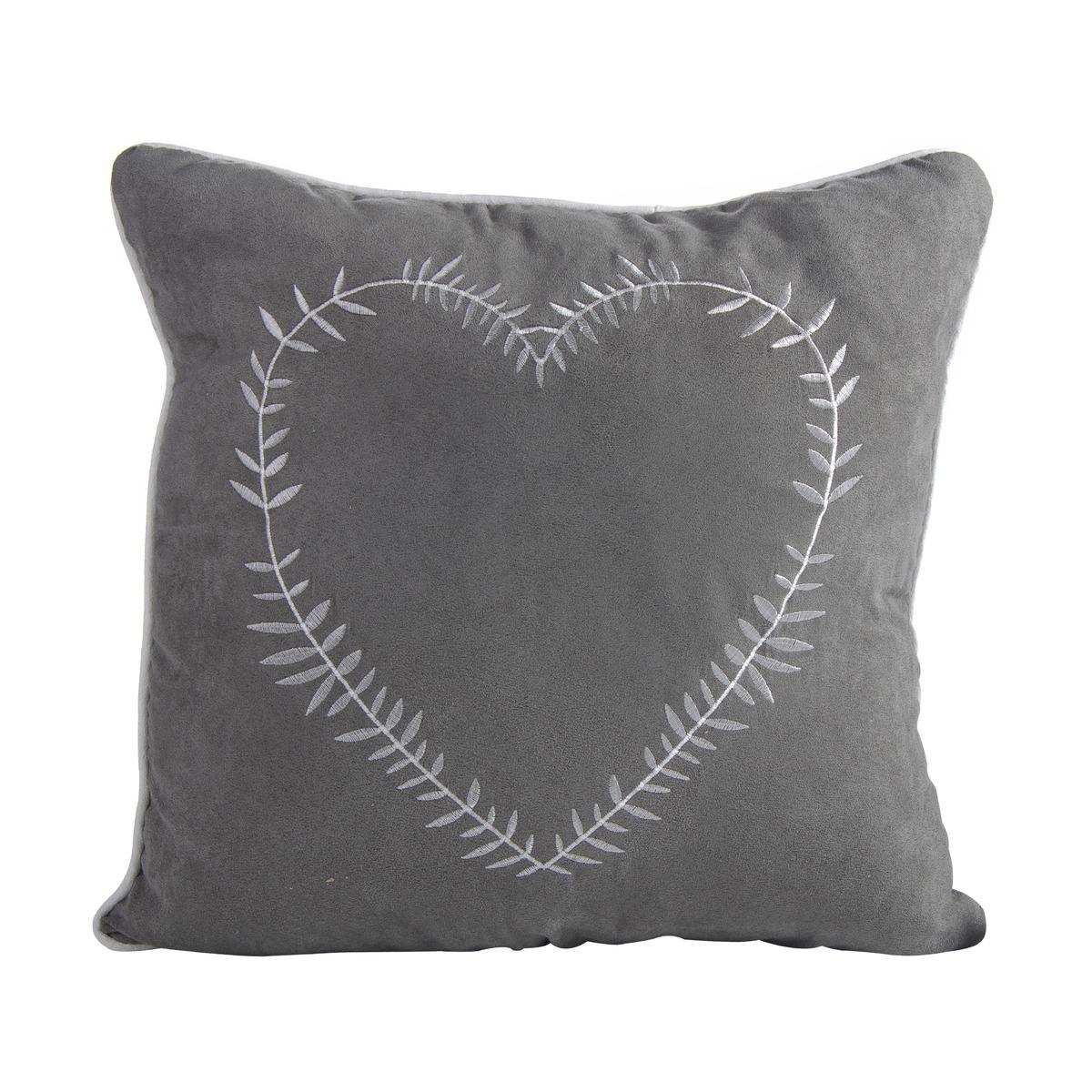 Coussin déhoussable en suédine brodé motif cœur - 40 x 40 cm - Gris, blanc