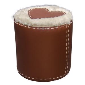 Pouf rond fourrure motifs cœurs - diamètre 33 x h 33 cm - Marron, beige