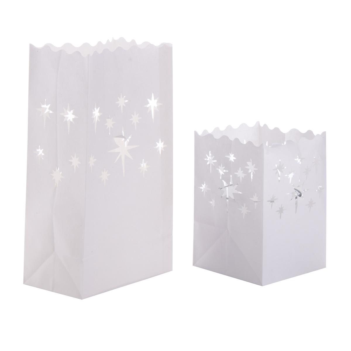 Lot de 8 sacs lumineux à bougies motifs étoiles - 11 x 11 x 16 cm - Blanc